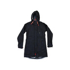 Black rain shell jacket by Topo Designs with a hood, button closure, and pockets.