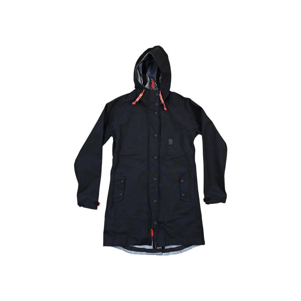 Black rain shell jacket by Topo Designs with a hood, button closure, and pockets.