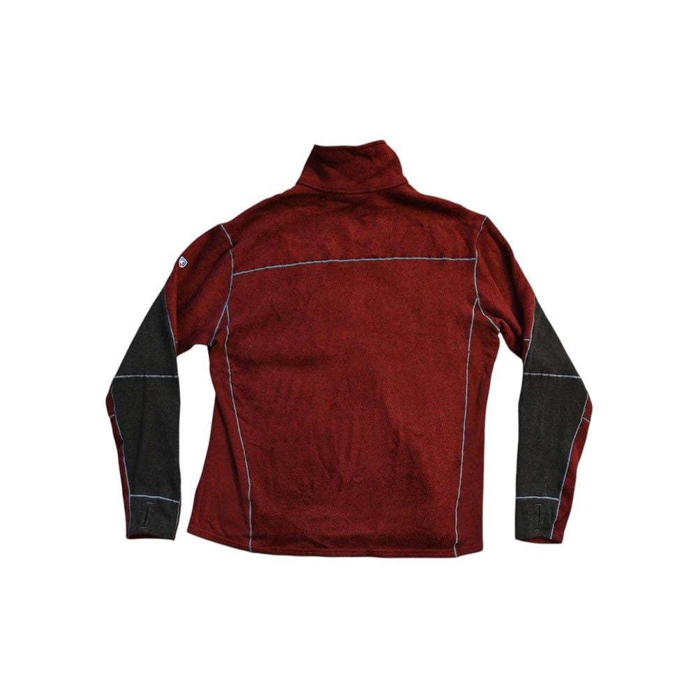 Red fleece quarter zip sweater by Kuhl, with black sleeves and detailed stitching, back view.