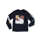 Black long sleeve shirt by Topo Designs with tan and brown abstract graphic on the front.