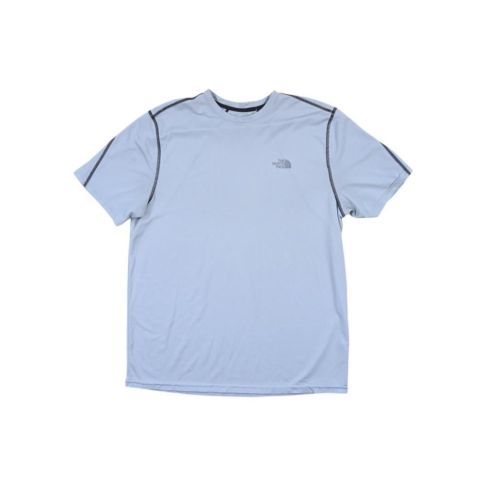 Grey active shirt by The North Face with short sleeves and dark grey trim.