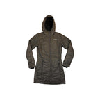 Grey synthetic insulated parka by Columbia with a hood and vertical-stitched quilting.