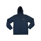 Blue rain shell jacket by Columbia with a hood and front zipper.