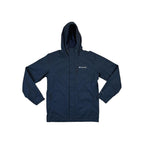 Blue rain shell jacket by Columbia with a hood and front zipper.