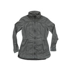 Green trench coat by Kuhl with a cinched waist and a high collar.