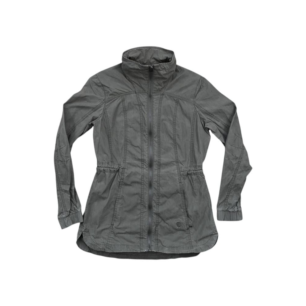 Green trench coat by Kuhl with a cinched waist and a high collar.