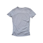 Gray active shirt by Kuhl with a subtle textured pattern, short sleeves, and a crew neck, shown from the back.