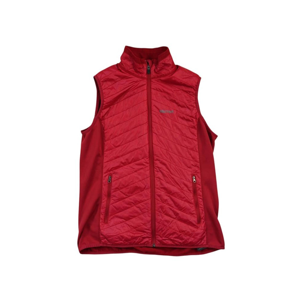 Red vest by Marmot with a quilted pattern and visible zipper pockets.