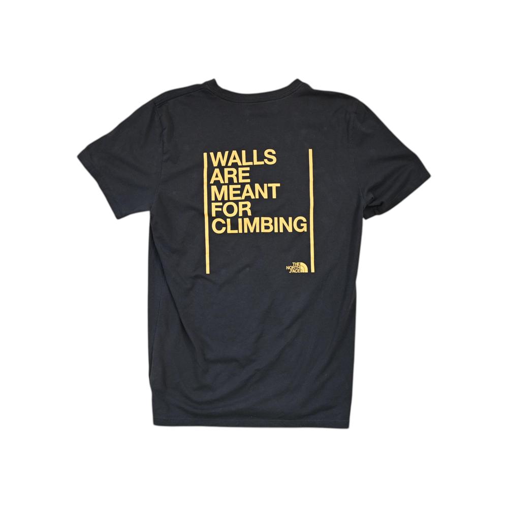 Black t-shirt for men by North Face with "Walls are Meant for Climbing" text on the back.