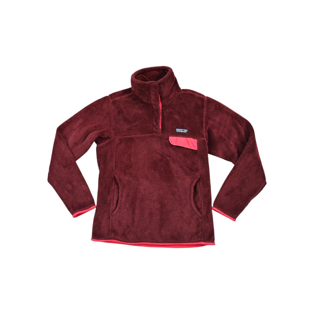 Maroon fleece pullover by Patagonia, with pink trim on the placket, pocket and cuffs.