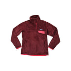 Maroon fleece pullover by Patagonia, with pink trim on the placket, pocket and cuffs.