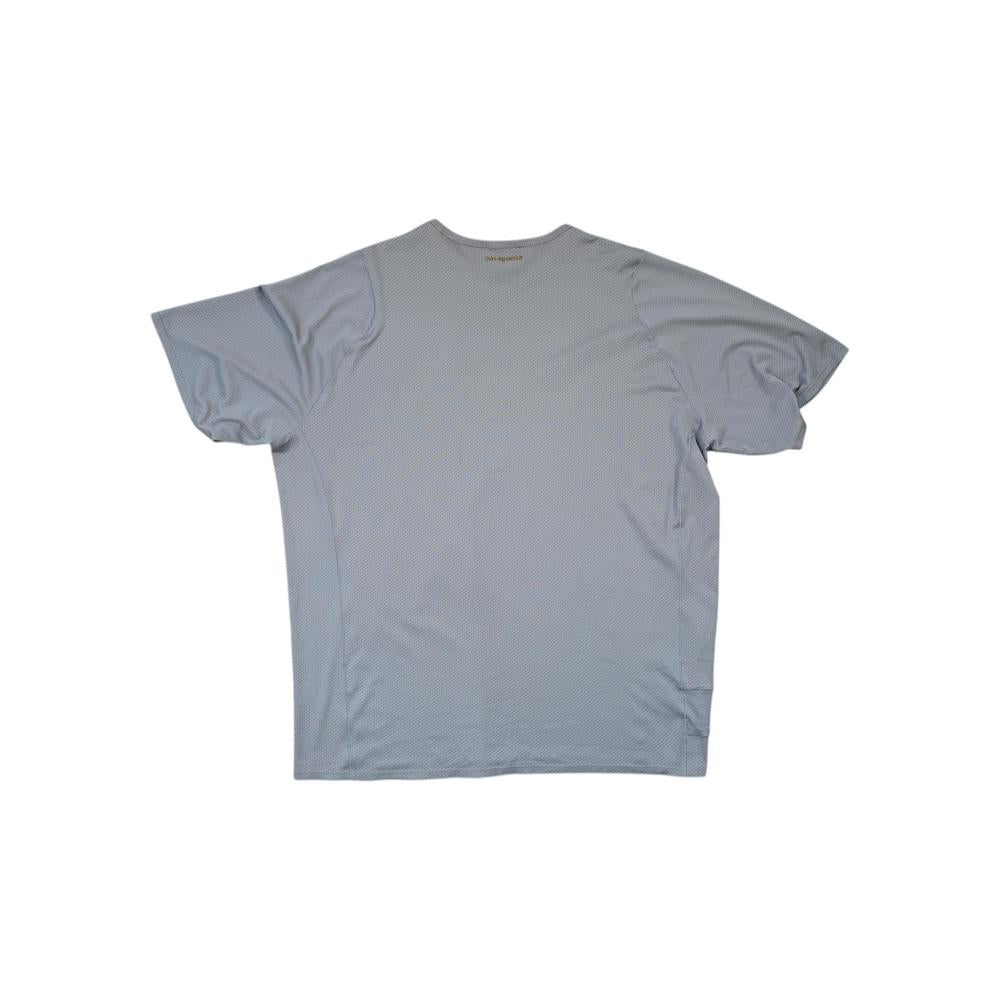 Gray active shirt for men by Patagonia with a heathered texture.