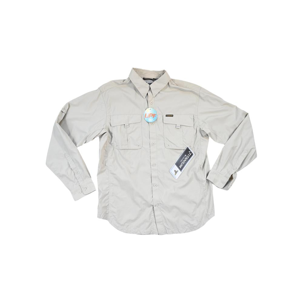 Tan long sleeve shirt by Columbia with two chest pockets and a "Titanium" tag.