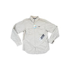 Tan long sleeve shirt by Columbia with two chest pockets and a "Titanium" tag.