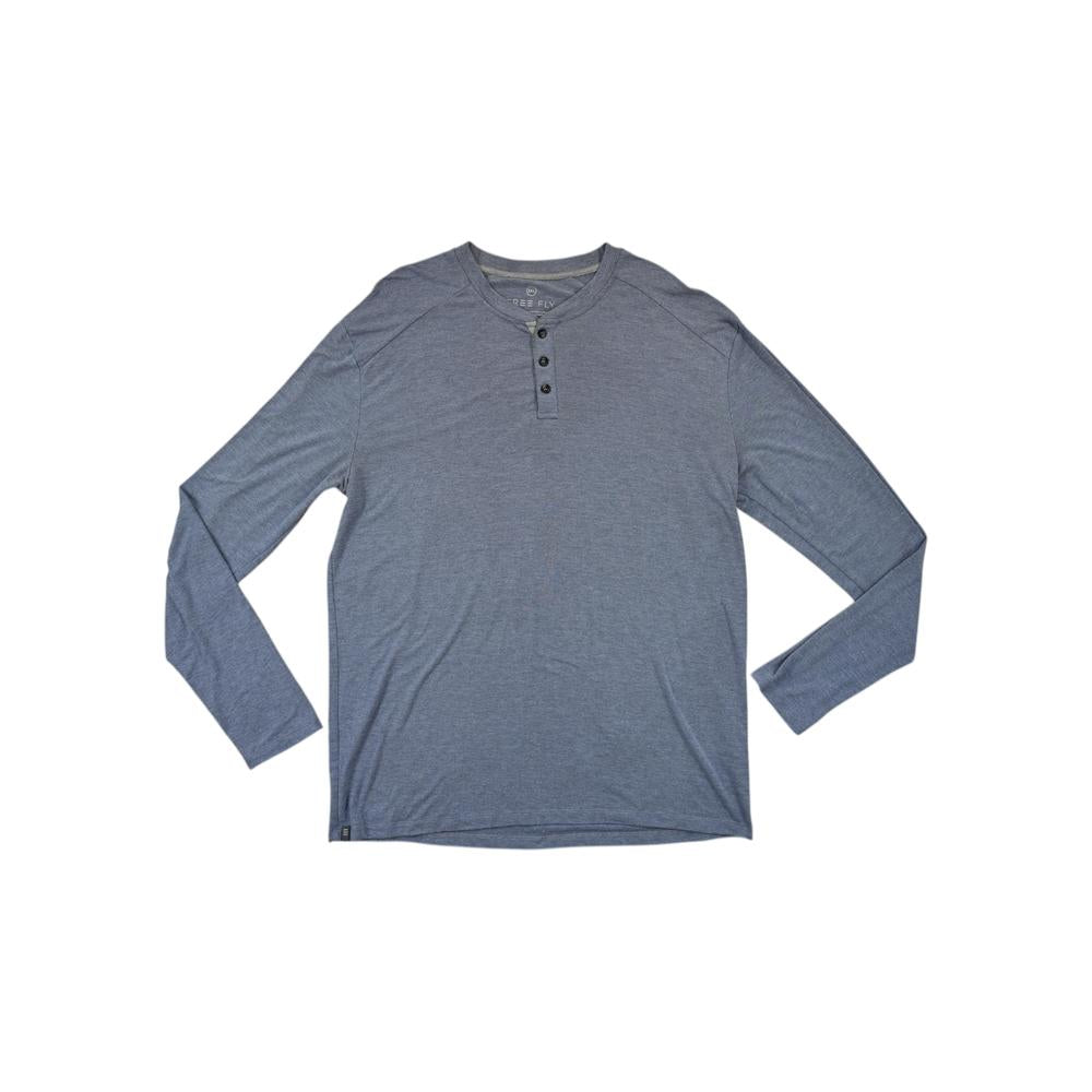 Grey henley long sleeve shirt by Freefly with a three button placket and textured fabric.