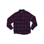 Navy flannel long sleeve shirt by Orvis, featuring a red and blue plaid pattern and chest pockets.