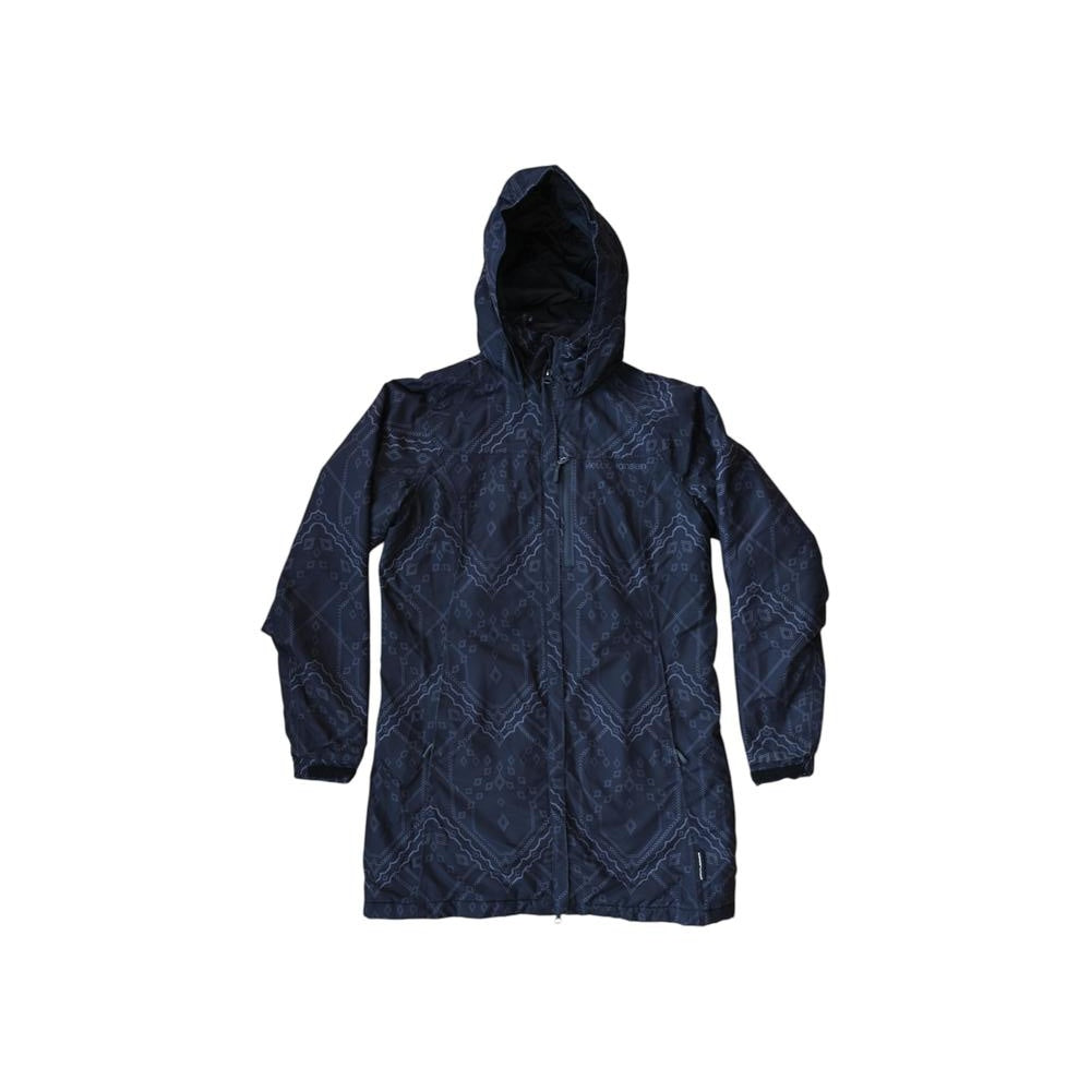 Black jacket by Helly Hansen with geometric patterns and a hood.
