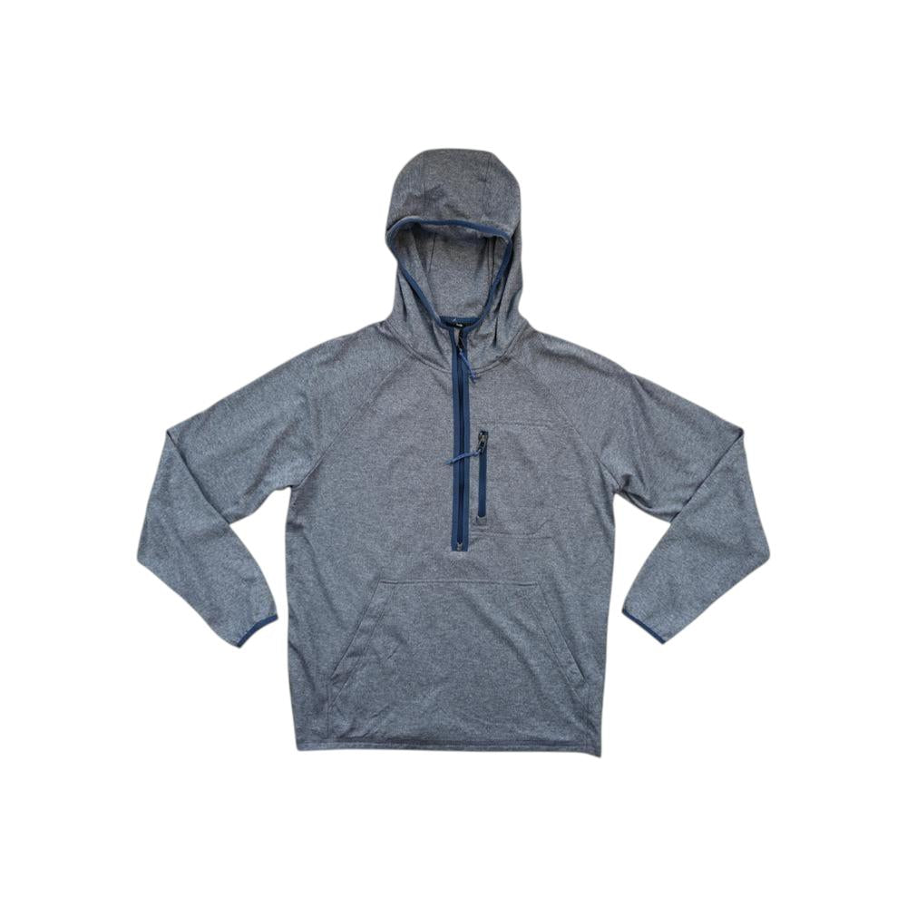 Blue active full-zip hoody from REI with a front pouch pocket and dark blue trim.
