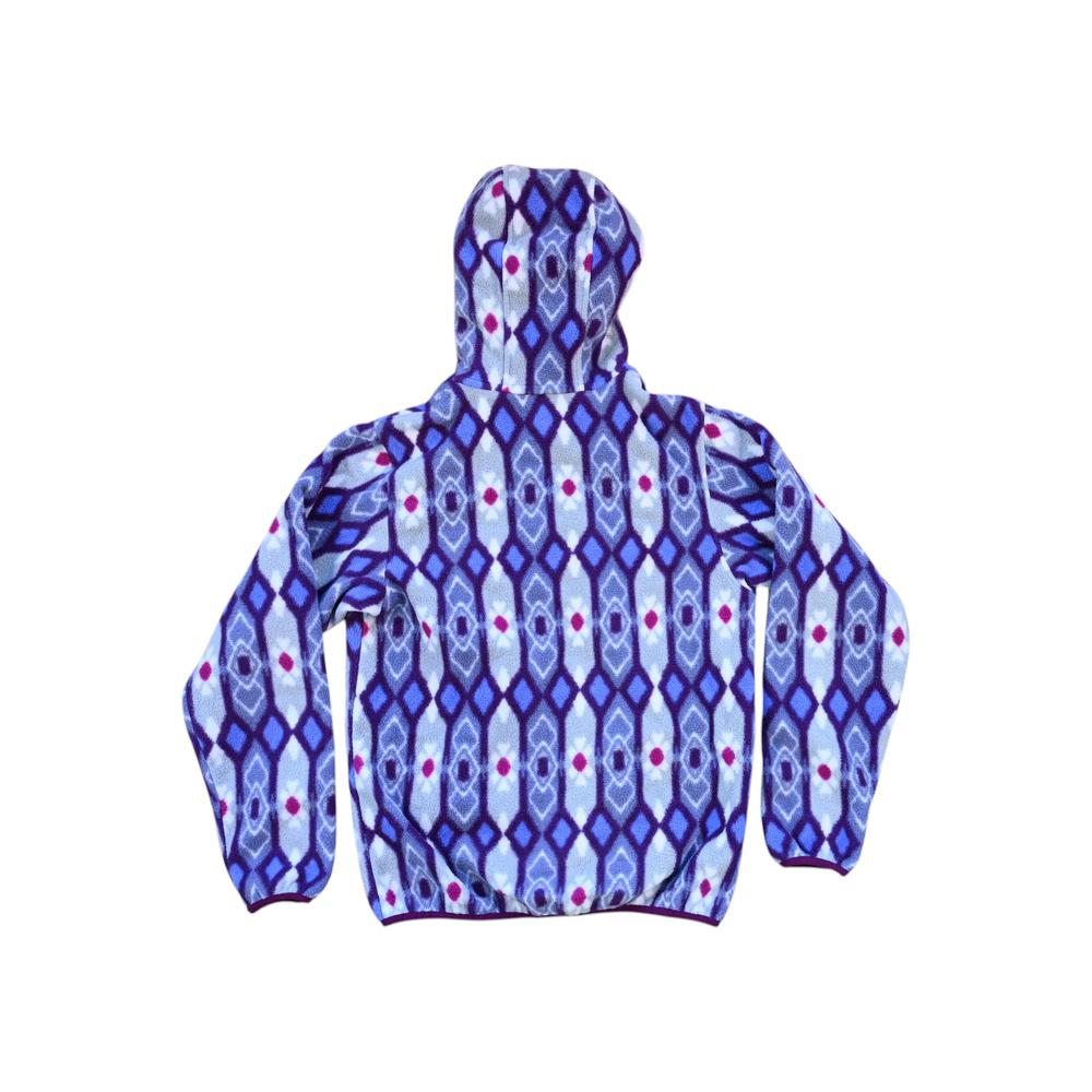 Purple hooded fleece jacket by Patagonia featuring an allover diamond patterned design, displayed in a back view.