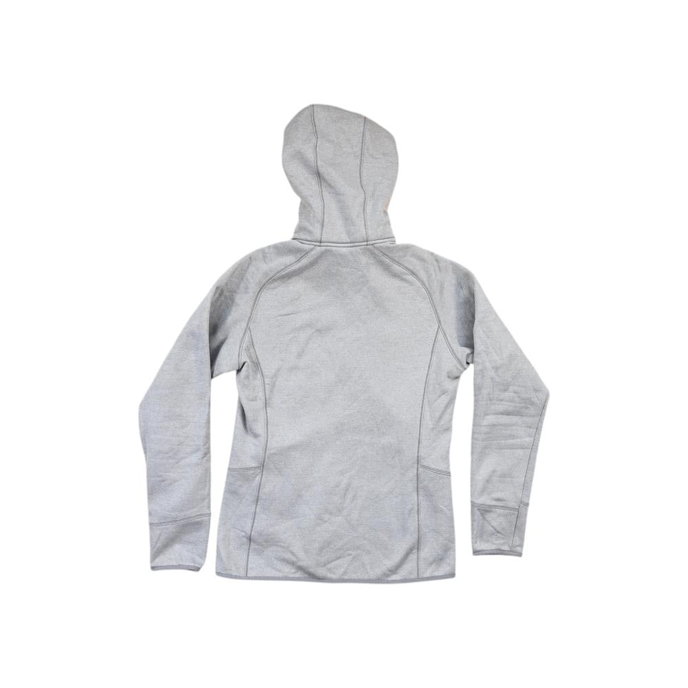 Grey tech fleece hoody by Patagonia, shown from the back with a fitted silhouette and long sleeves.