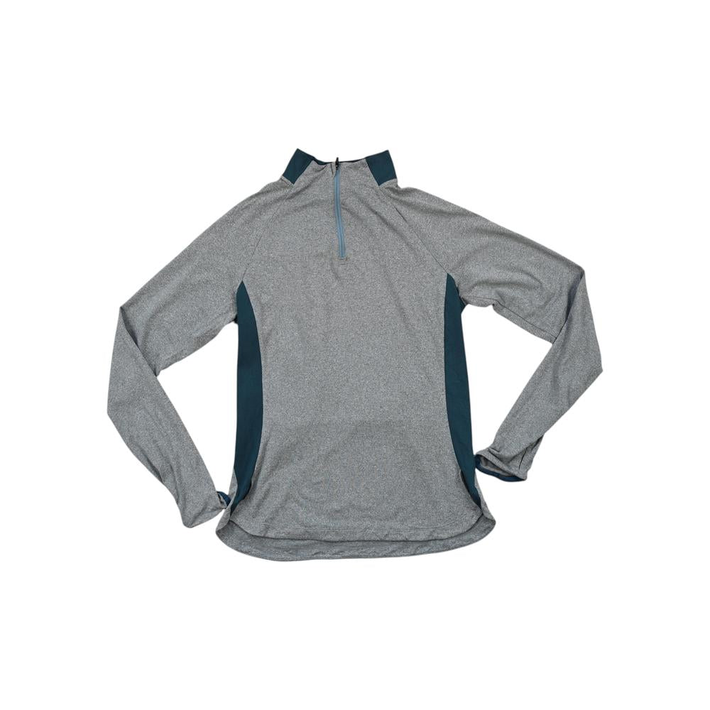 Gray active fleece quarter-zip by REI, with green panels on the sides and long sleeves.