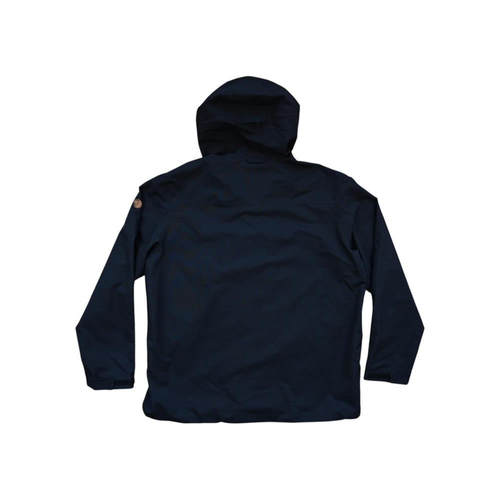 Black rain shell jacket by Fjallraven, displayed from the back with a hood.