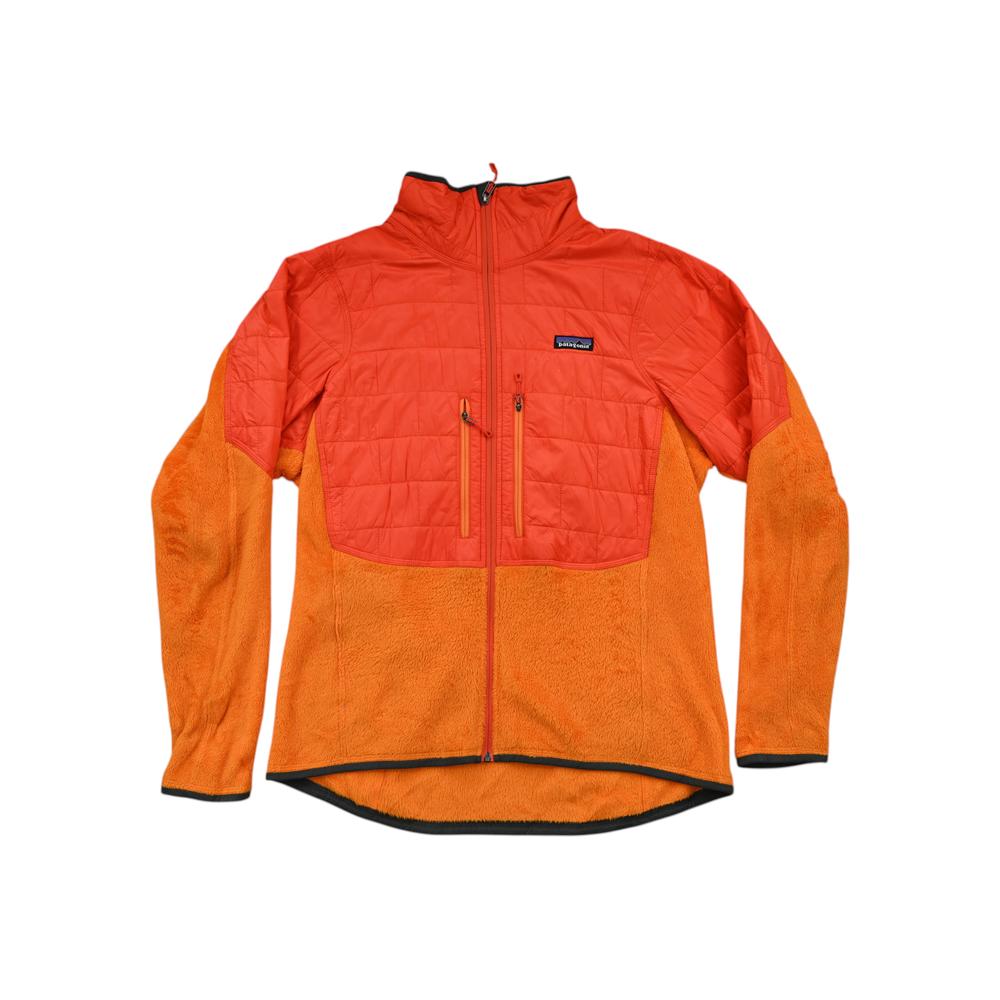 Orange hybrid jacket by Patagonia, featuring a fleece torso and quilted chest panel.