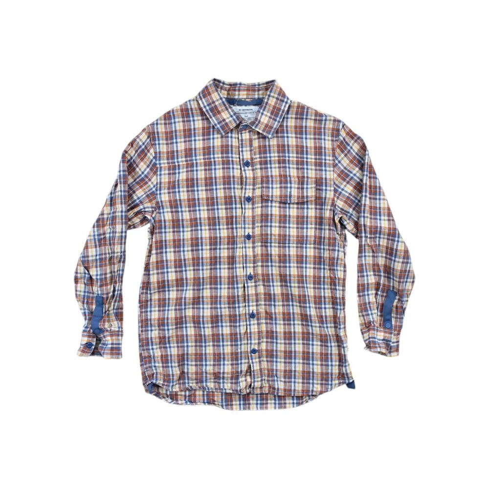 Blue plaid long sleeve shirt by REI, featuring brown, yellow, and white accents.