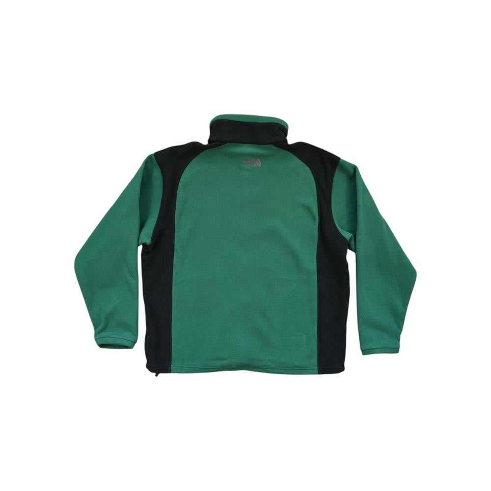 Green and black fleece jacket by North Face, shown from the back with a high collar.
