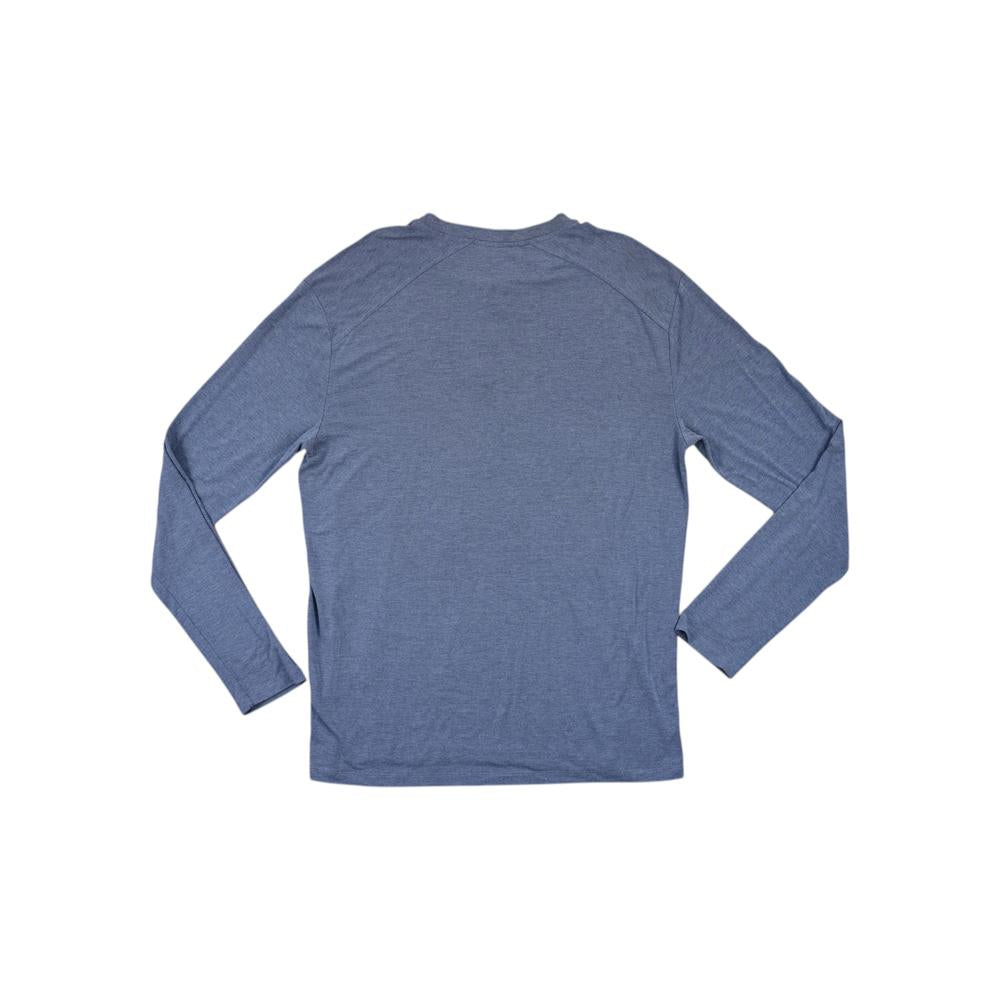 Grey henley long sleeve shirt by Freefly, seen from the back with heathered texture.