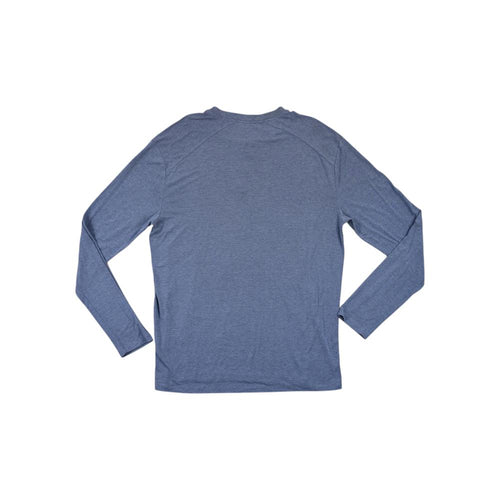 Grey henley long sleeve shirt by Freefly, seen from the back with heathered texture.