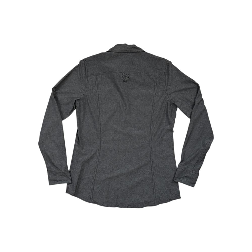 Gray long sleeve shirt by Outdoor Research, shown from the back.