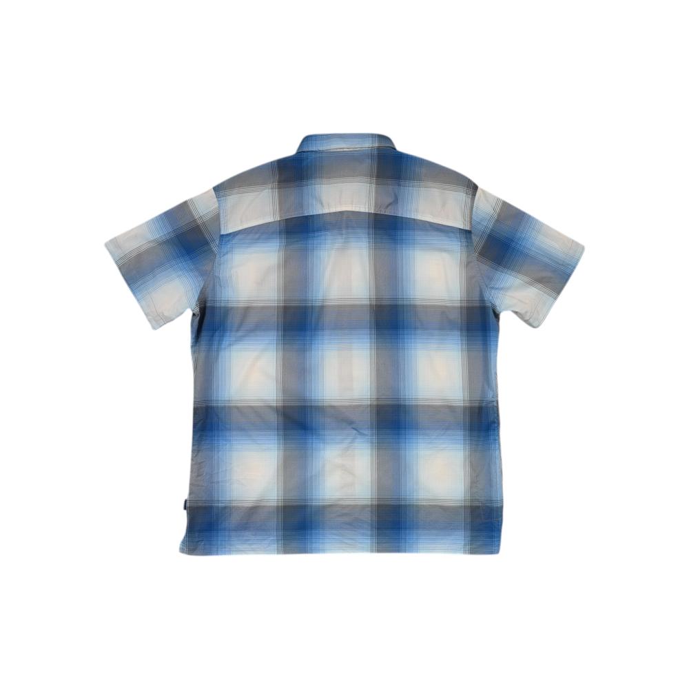 Blue button-up shirt by Kuhl with short sleeves and a plaid pattern.