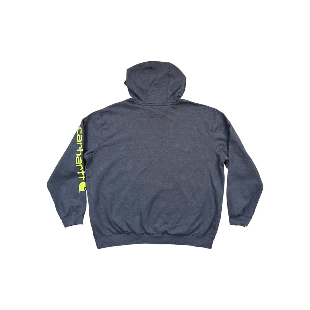 Grey hoodie long sleeve shirt by Carhartt, with bright yellow logo on the sleeve, shown from the back.