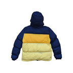 Navy and yellow down insulated jacket by Cotopaxi, featuring a hood, and a color block design from the back view.