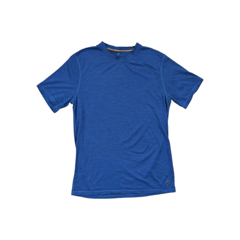 Blue merino shirt by Smartwool, with short sleeves and a horizontal striped pattern.