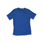 Blue merino shirt by Smartwool, with short sleeves and a horizontal striped pattern.