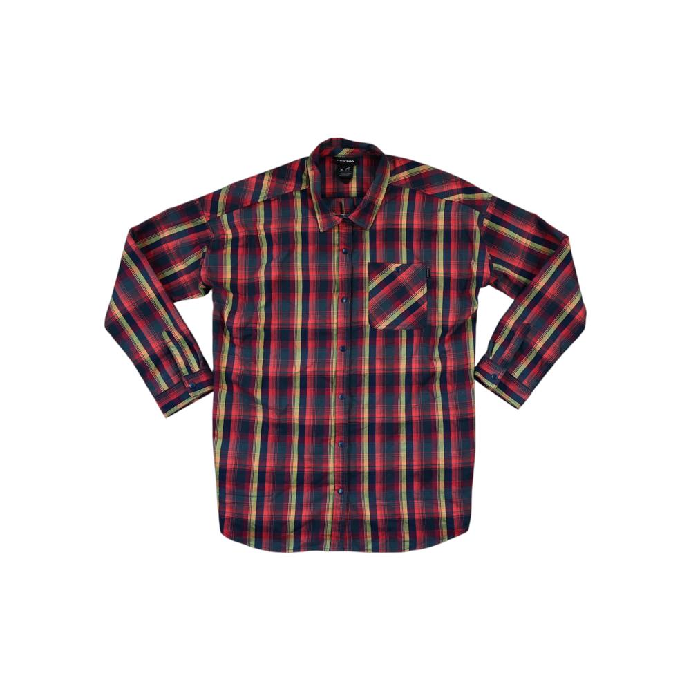 Red and yellow flannel long sleeve shirt by Burton, featuring a plaid pattern and chest pocket.
