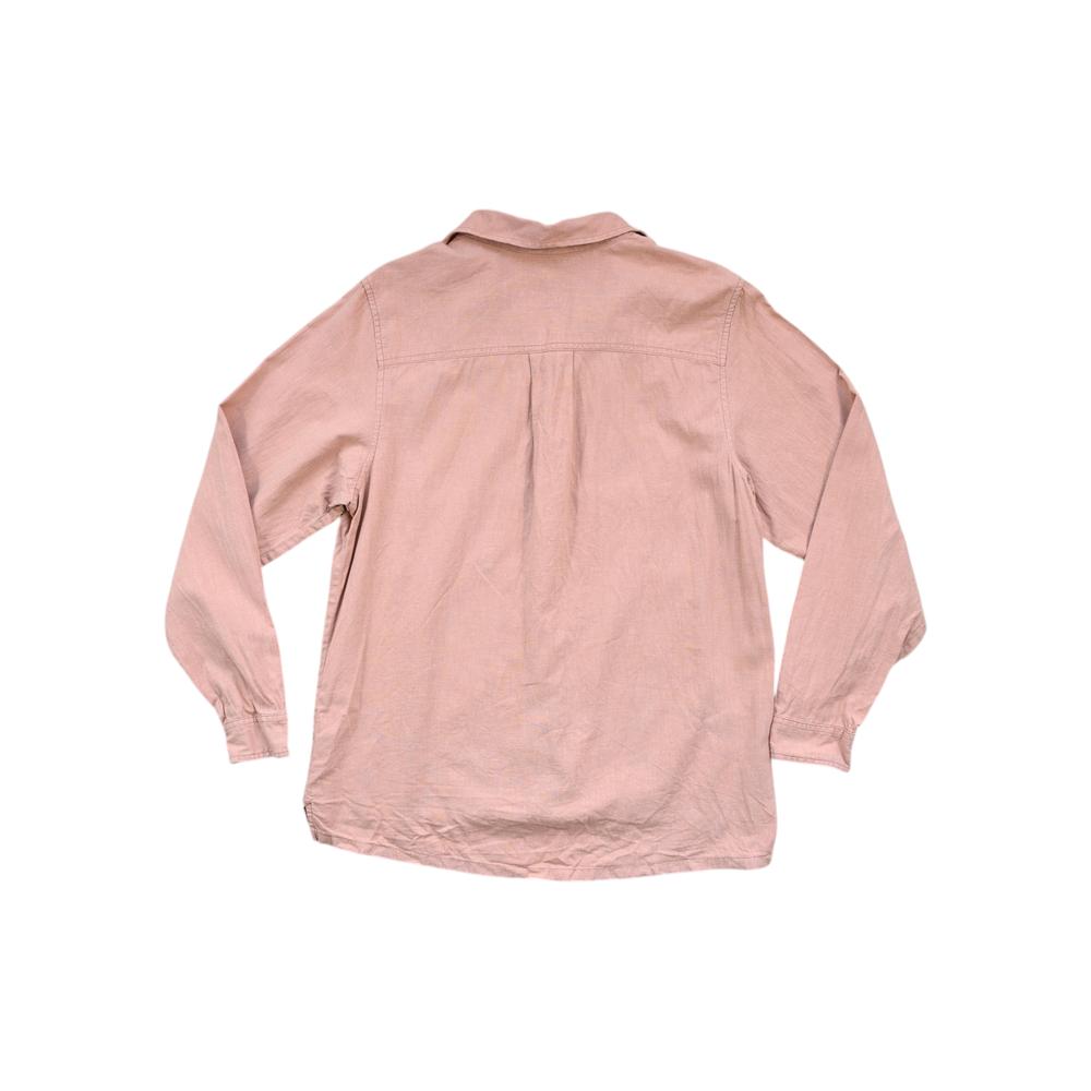 Pink long sleeve hemp shirt by REI, seen from the back.