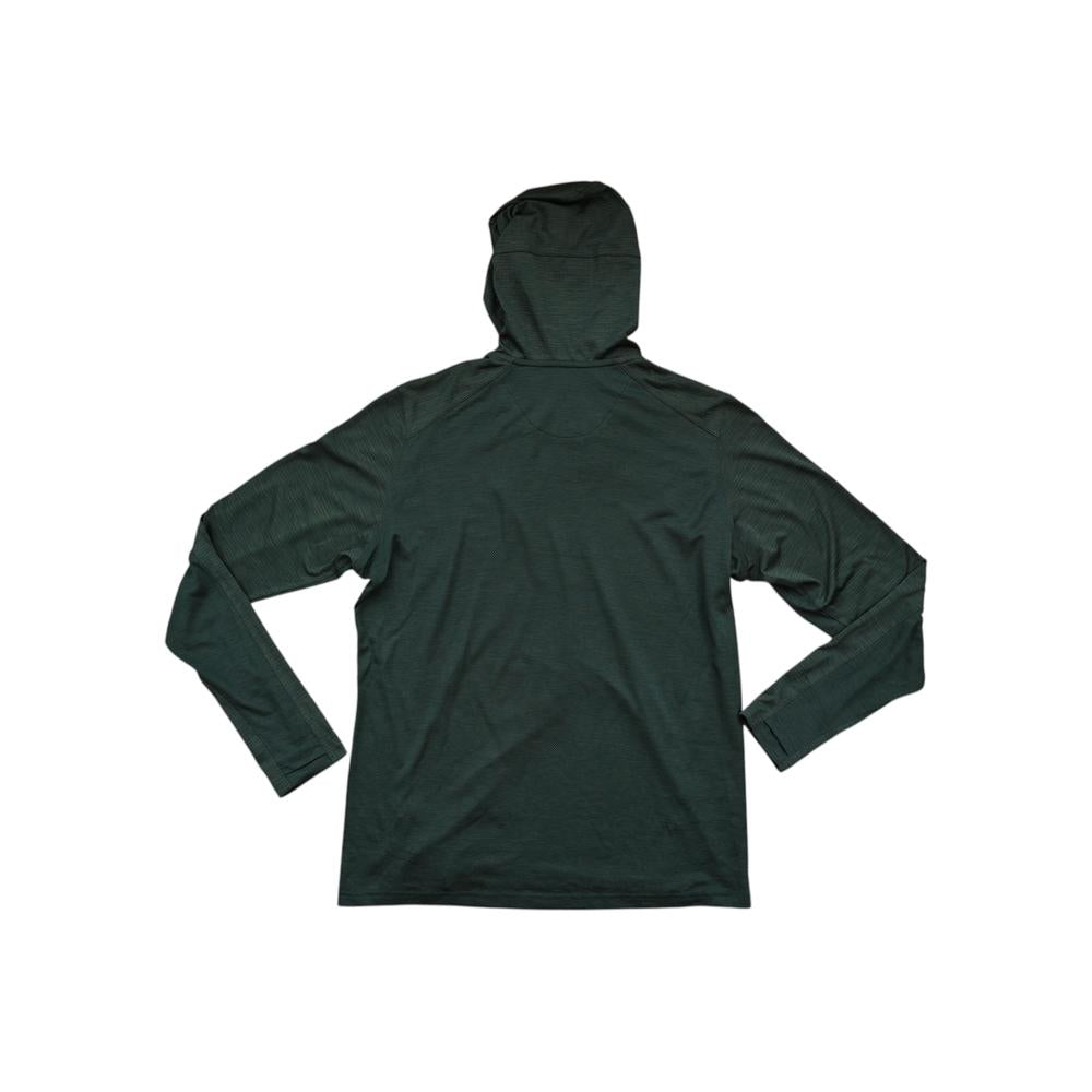 Green engineered hoody by Kuhl with long sleeves and a fitted hood, back view.