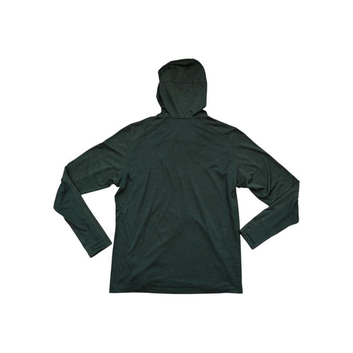 Green engineered hoody by Kuhl with long sleeves and a fitted hood, back view.
