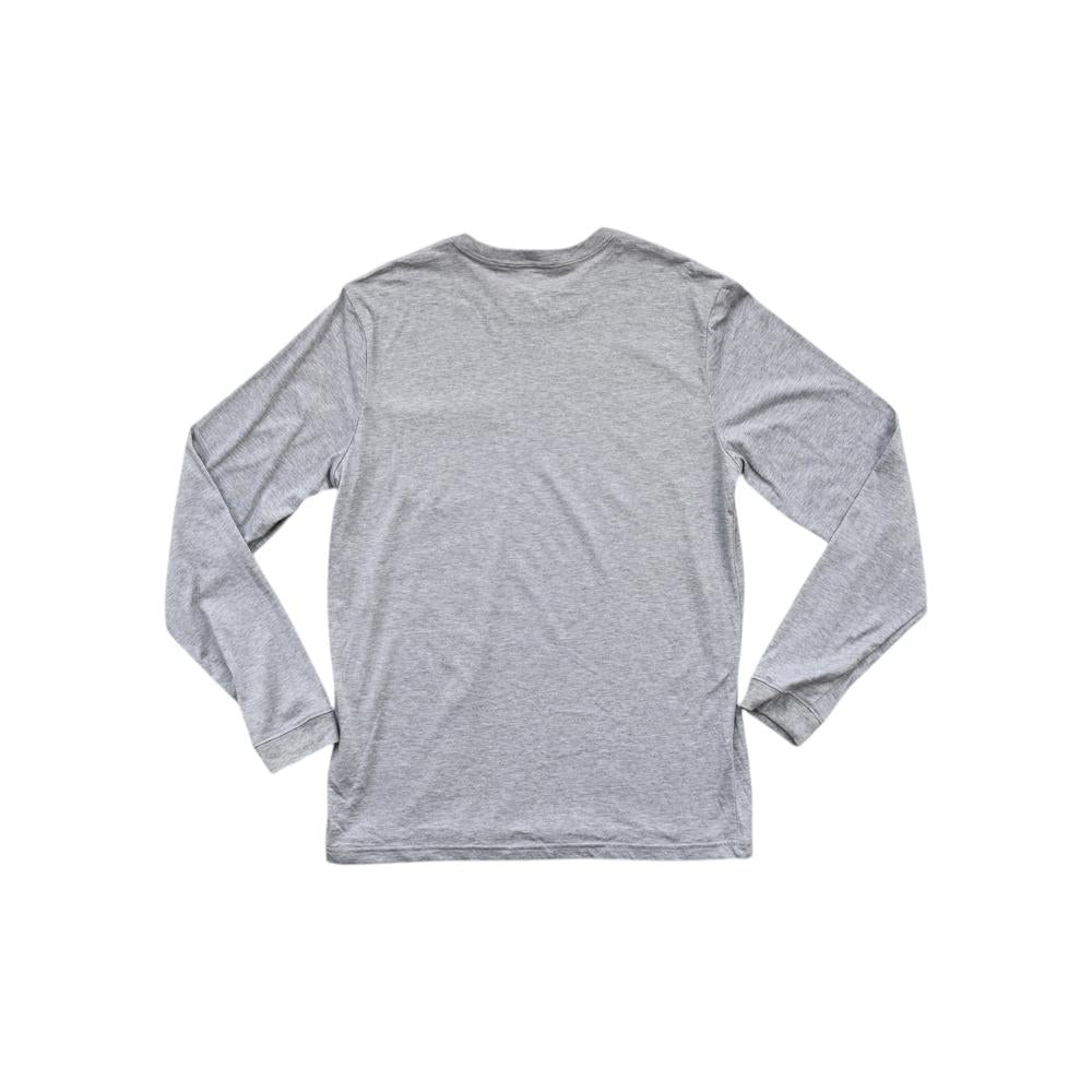 Grey long sleeve shirt by Prana, shown from the back.