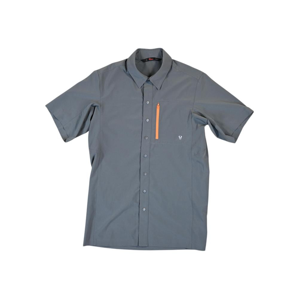 Gray short-sleeved button-down shirt by Stoic, featuring a vertical orange zippered pocket.