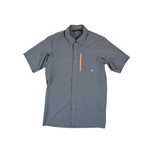Gray short-sleeved button-down shirt by Stoic, featuring a vertical orange zippered pocket.