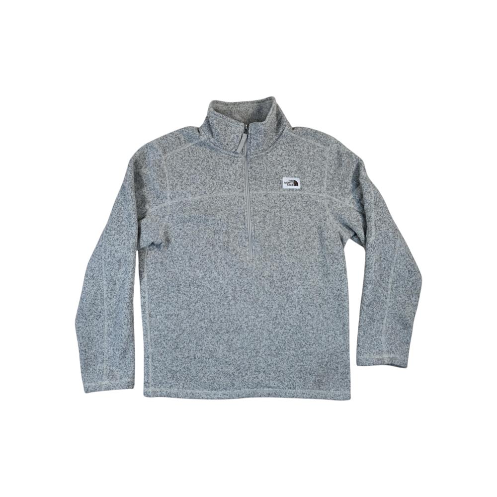 Gray fleece quarter-zip pullover by North Face, with a heathered texture and long sleeves.