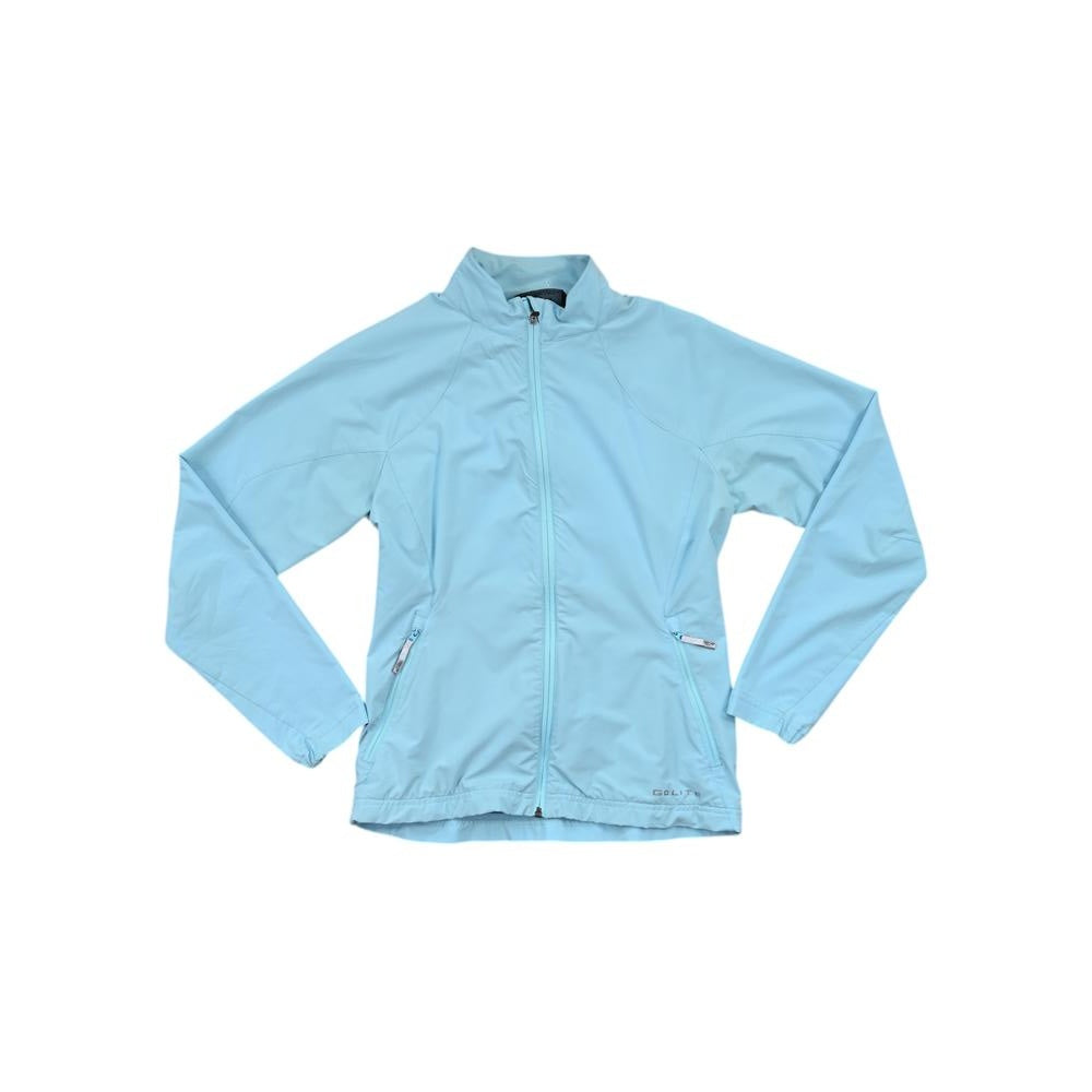 Light blue softshell jacket with full zip by GoLite, featuring front pockets and long sleeves.
