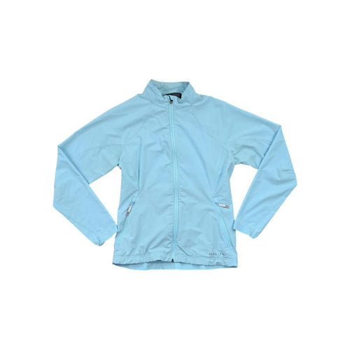 Light blue softshell jacket with full zip by GoLite, featuring front pockets and long sleeves.