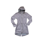 Grey rain shell jacket by Kuhl with long sleeves, hood, and front zipper closure.