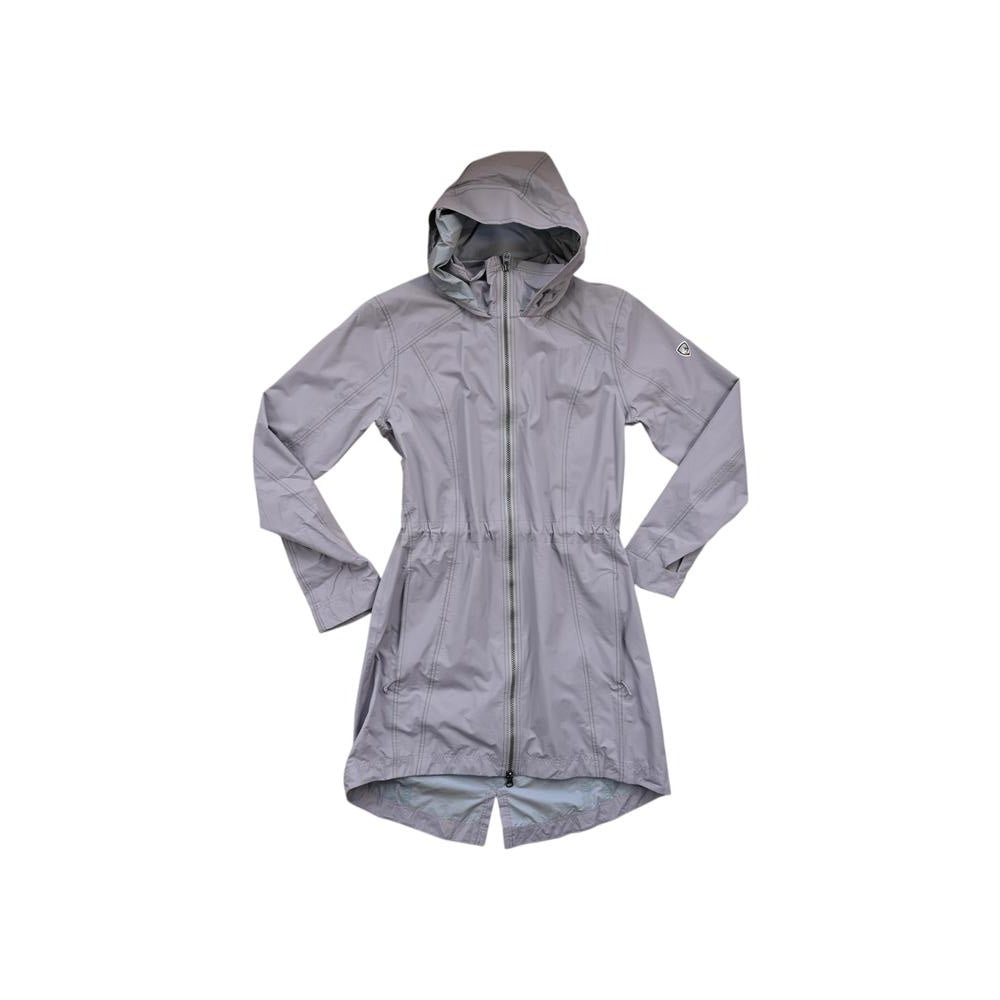 Grey rain shell jacket by Kuhl with long sleeves, hood, and front zipper closure.