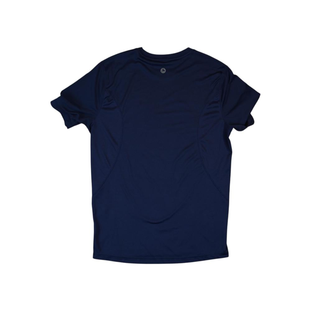 Blue active shirt by Marmot in a used condition, shown in a back view.